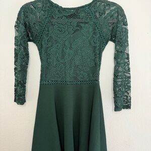 B Darlin Forest Green Lace Skater Dress – Size S | Sheer Lace Top • Tie-Back Bow